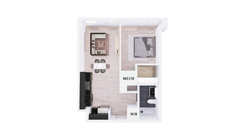 Floor plan for 1 bed, 1 bath, 678 sqft
